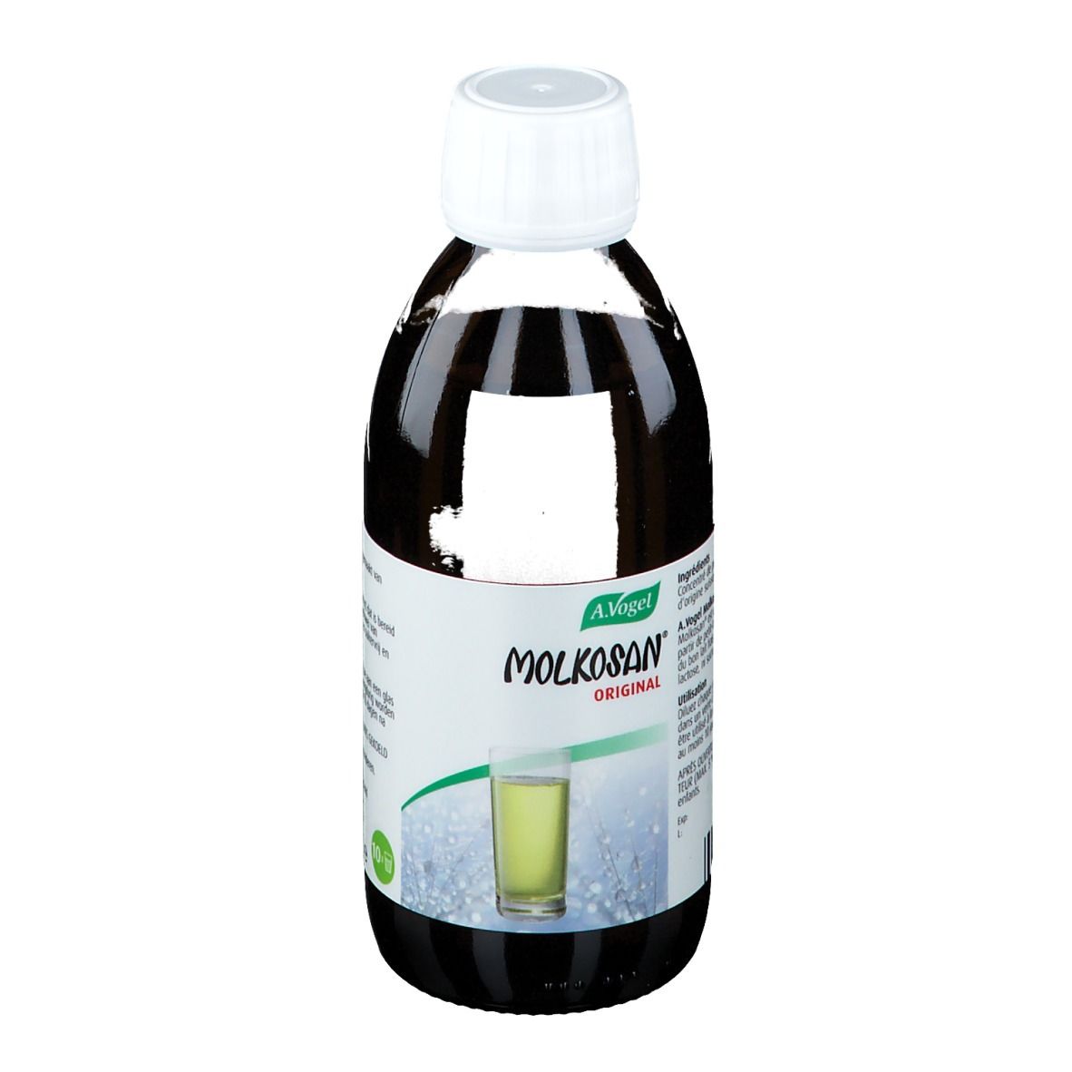 A. Vogel Molkosan Original fles. Bruine vloeistof, witte dop. Etiket met productnaam.