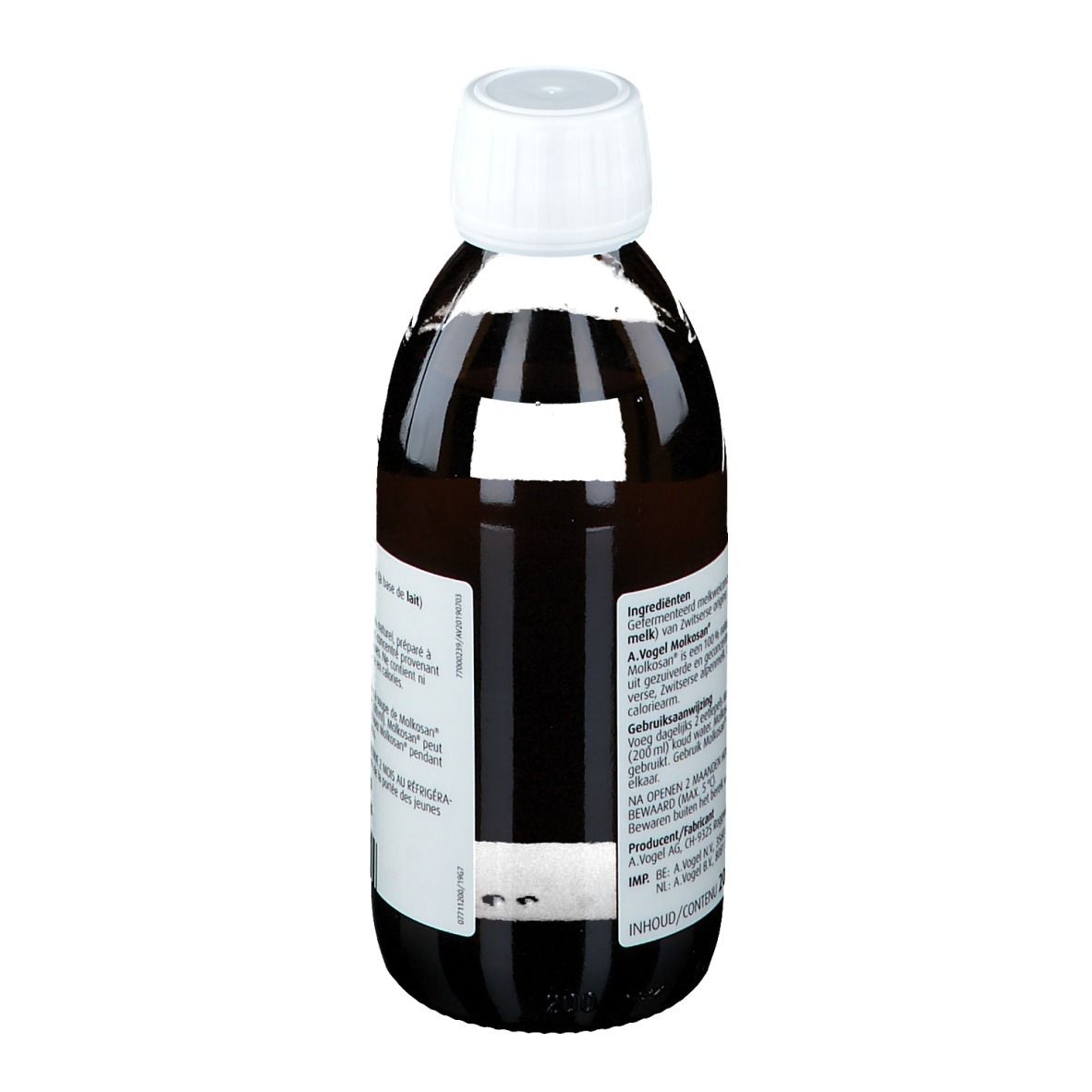 A. Vogel Molkosan Original fles. Bruine vloeistof, witte dop. Etiket met productinformatie.