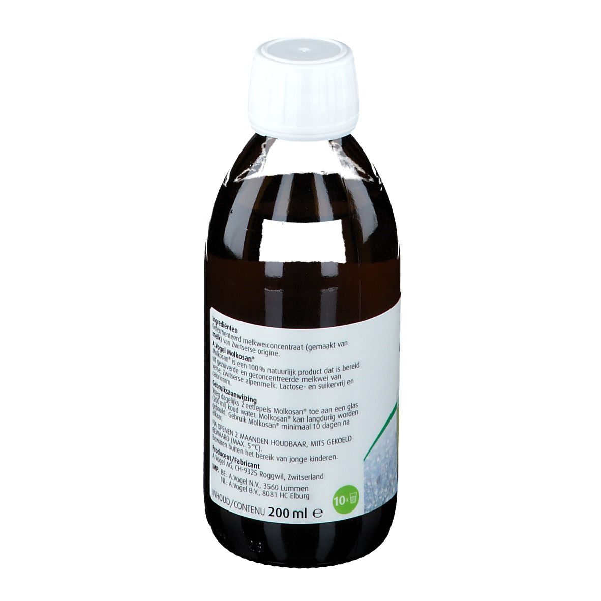 A. Vogel Molkosan Original fles. Bruine vloeistof, witte dop. Etiket met productinformatie.