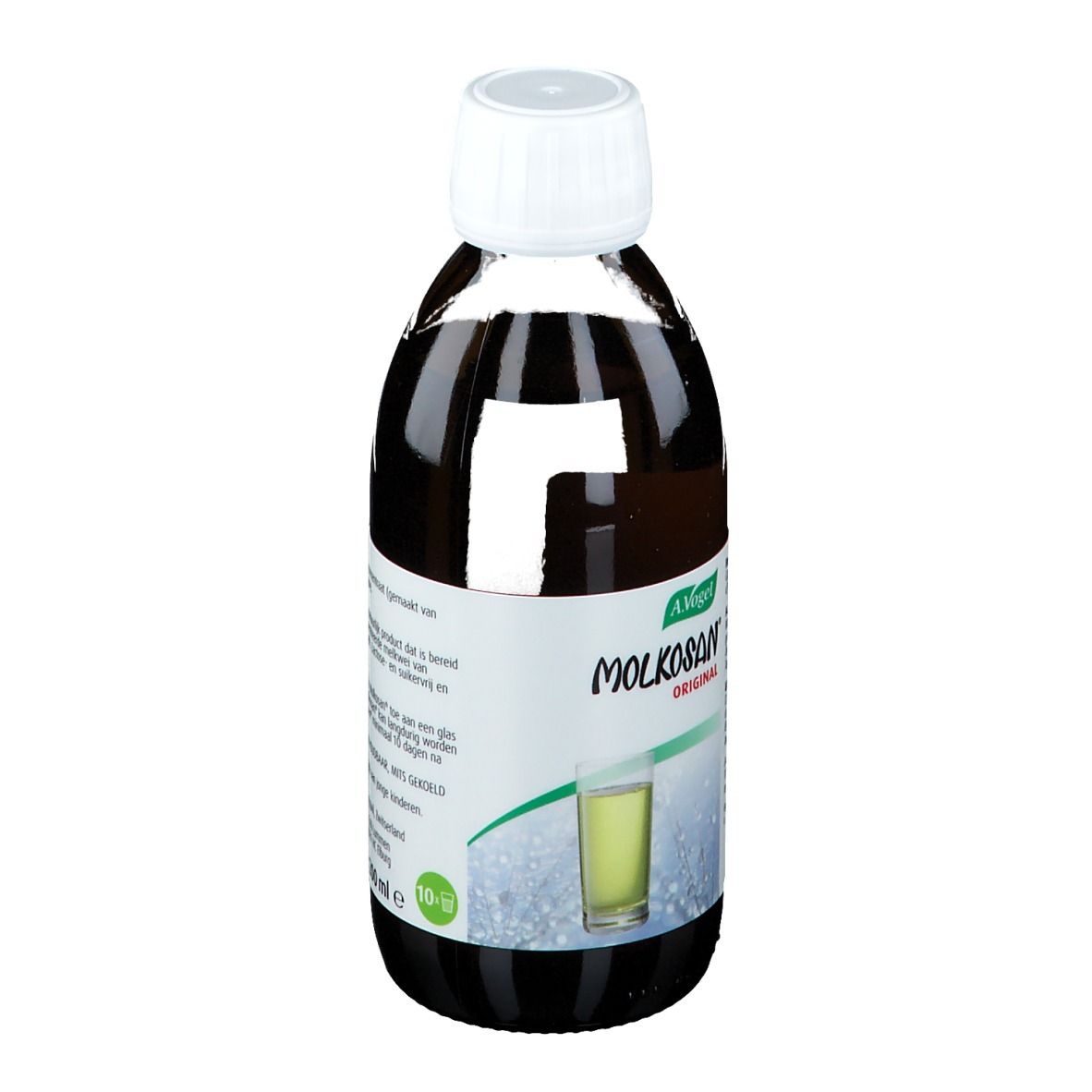 A. Vogel Molkosan Original fles. Bruine vloeistof, witte dop. Etiket met productinformatie.