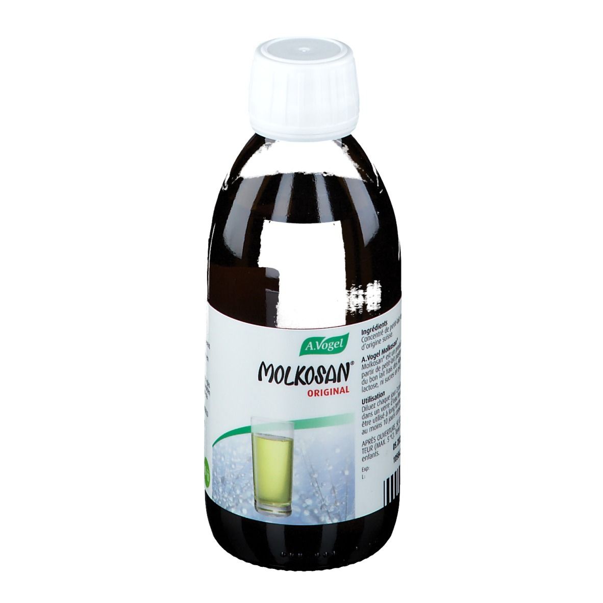A. Vogel Molkosan Original fles. Bruine vloeistof, witte dop. Etiket met productinformatie.