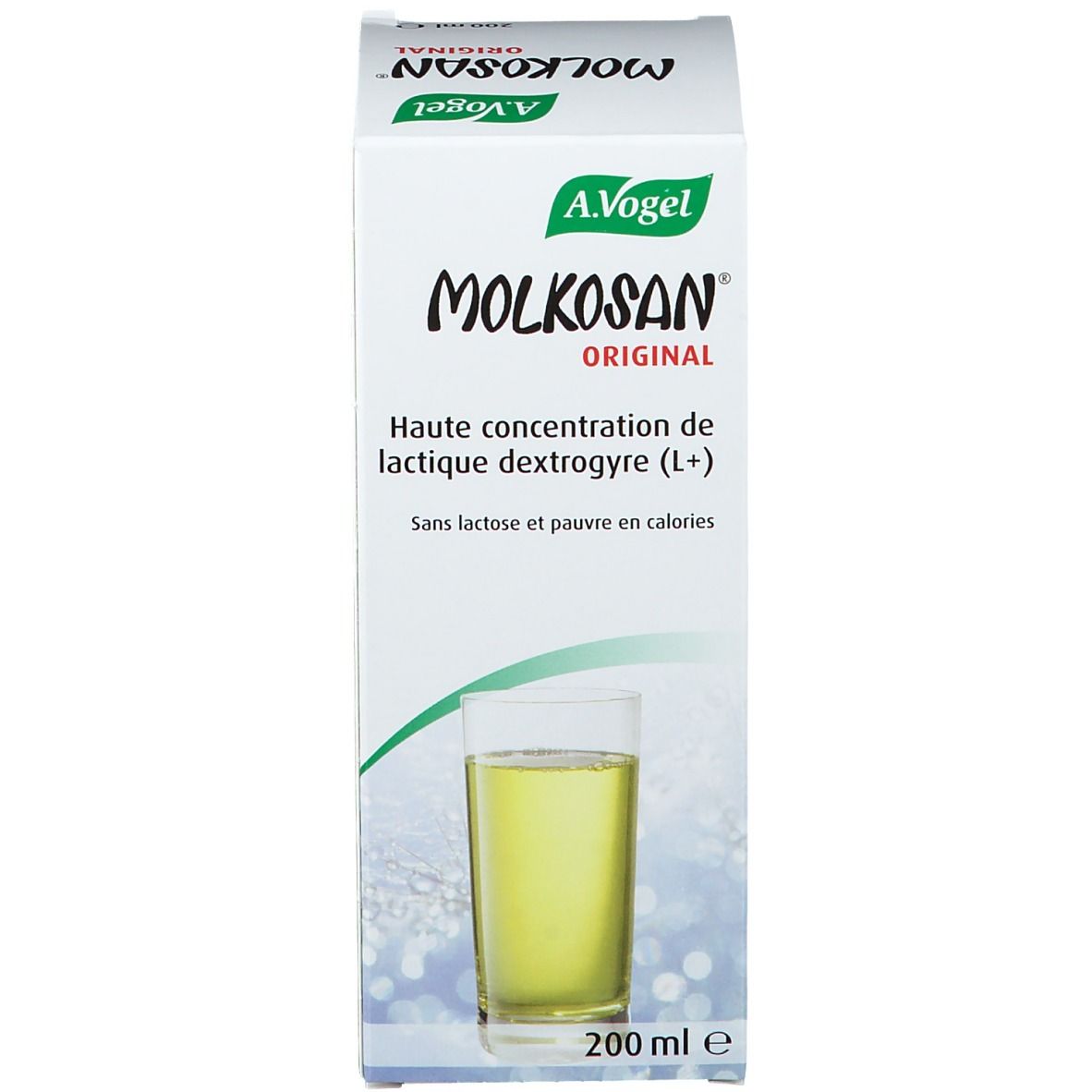 A. Vogel Molkosan Original verpakking. Witte doos met productnaam en glasafbeelding. 200 ml.