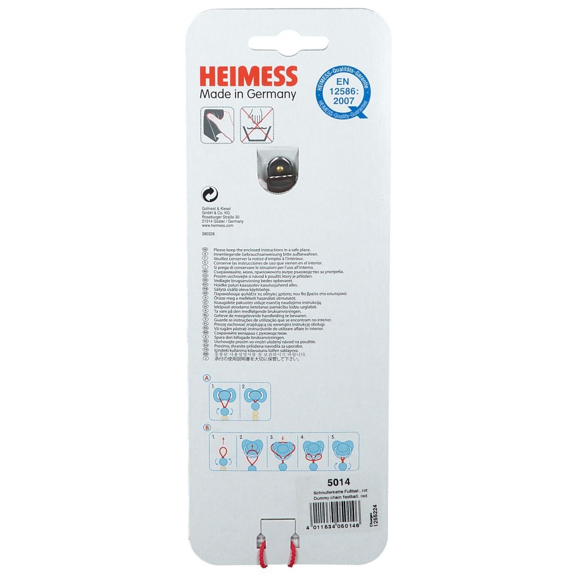 Achterkant van de verpakking van de speenketting. Met informatie, pictogrammen en EN 12586:2007-certificering.