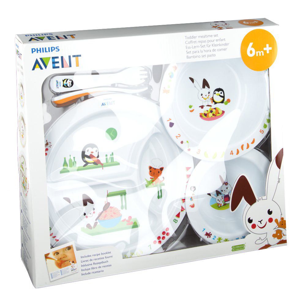 Ensemble d'apprentissage en boîte. Assiettes, bols, cuillère et fourchette. Motifs animaux et lapin. 6+ mois.
