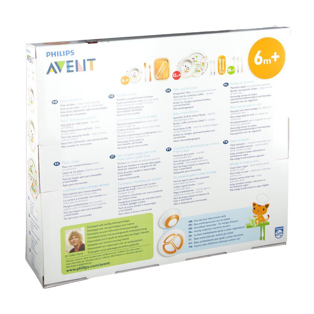 Dos de l'emballage de l'ensemble d'apprentissage. Texte multilingue. Avec illustrations des produits.