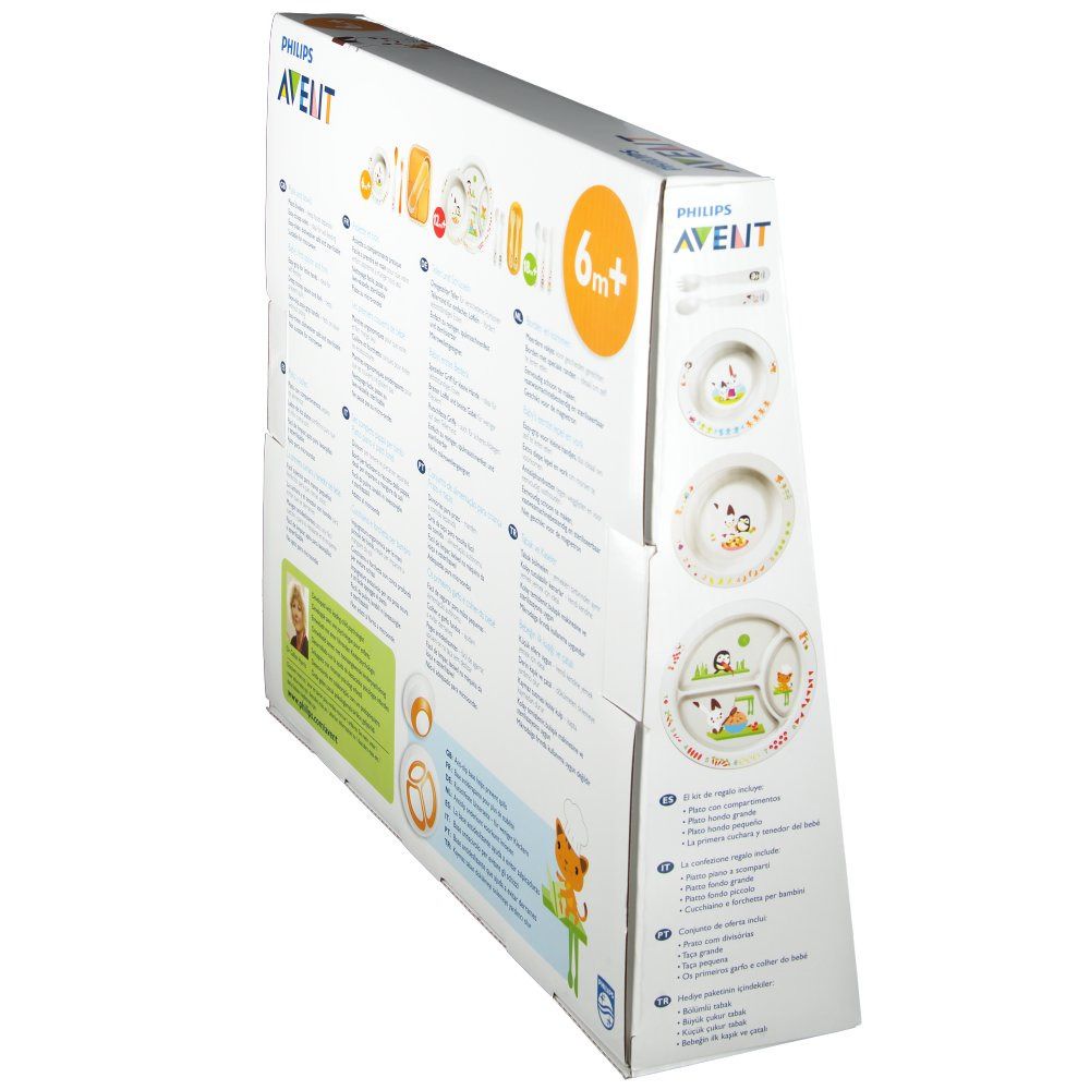 Vue latérale de l'emballage de l'ensemble d'apprentissage. Texte multilingue. Avec illustrations des produits.