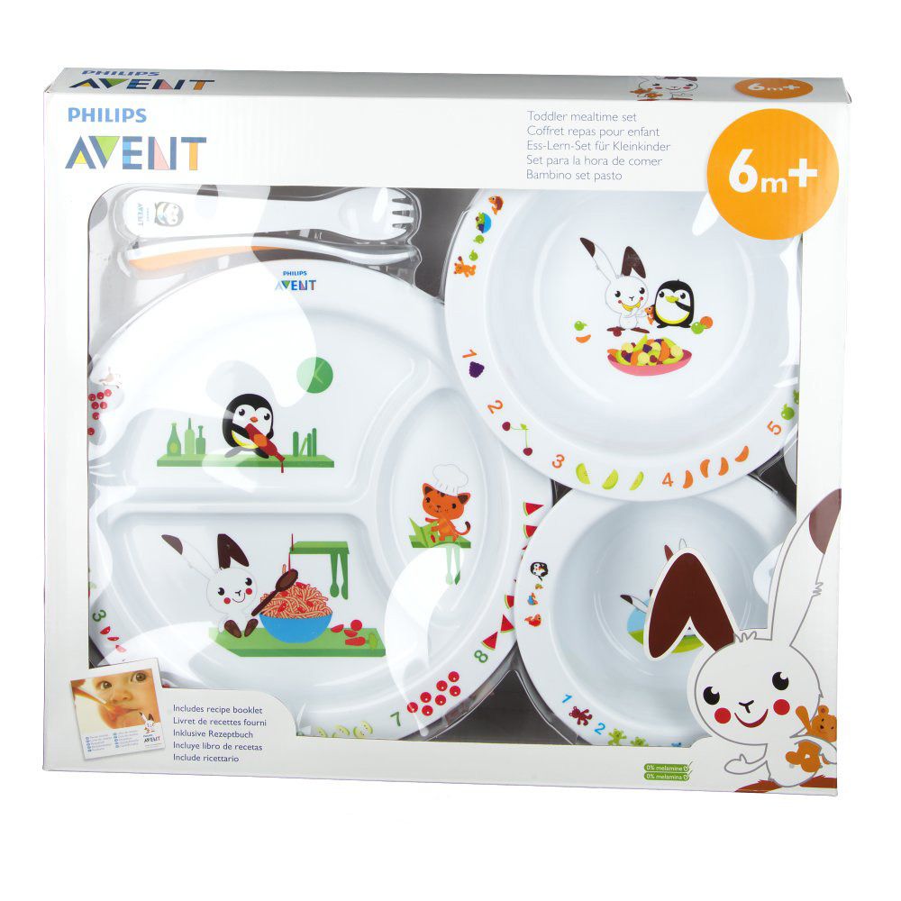 Ensemble d'apprentissage en boîte. Assiettes, bols, cuillère et fourchette. Motifs animaux et lapin. 6+ mois.