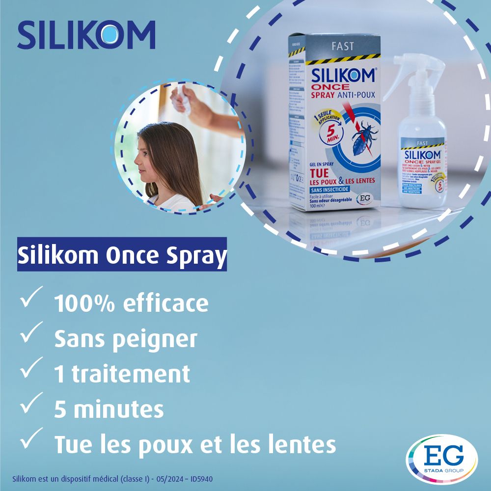 Image publicitaire avec enfant. Texte: Silikom Once Spray. 100% efficace. Sans peigner. 1 traitement. 5 minutes.
