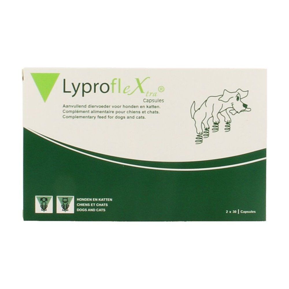 Verpakking van Lypoflextra Capsules. Groen-witte verpakking met productnaam en tekst. Voor honden en katten. Bevat 2 x 30 capsules.