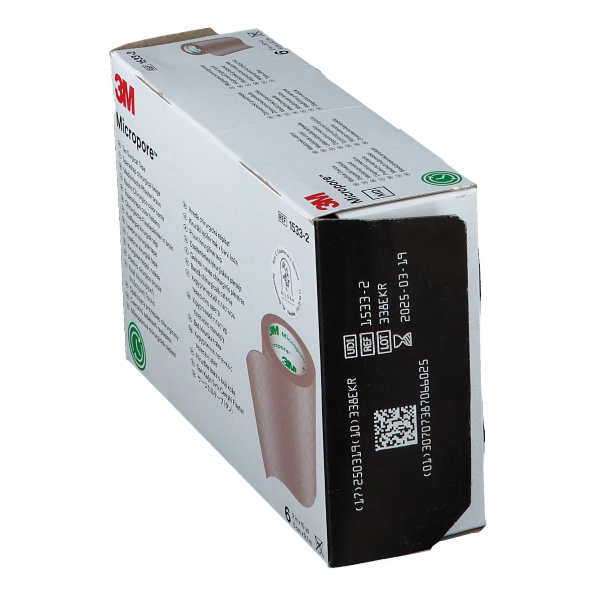 Schuine weergave van de verpakking met chirurgische tape. Productnaam en logo zichtbaar.