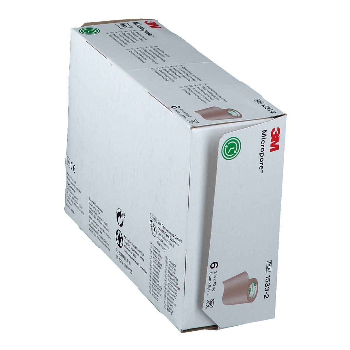 Schuine weergave van de verpakking met chirurgische tape. Productnaam en logo zichtbaar.