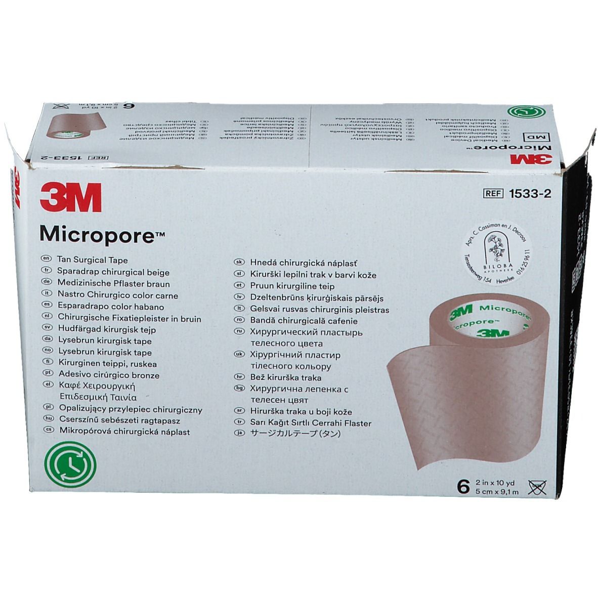 Verpakking met chirurgische tape. Productnaam, maat en logo zichtbaar.