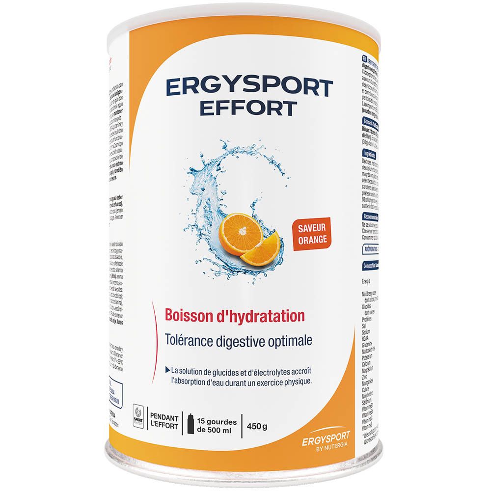 Boîte ERGYSPORT EFFORT, boisson orange. Inscription: Boisson d'hydratation, Saveur Orange. Eau et oranges illustrées.