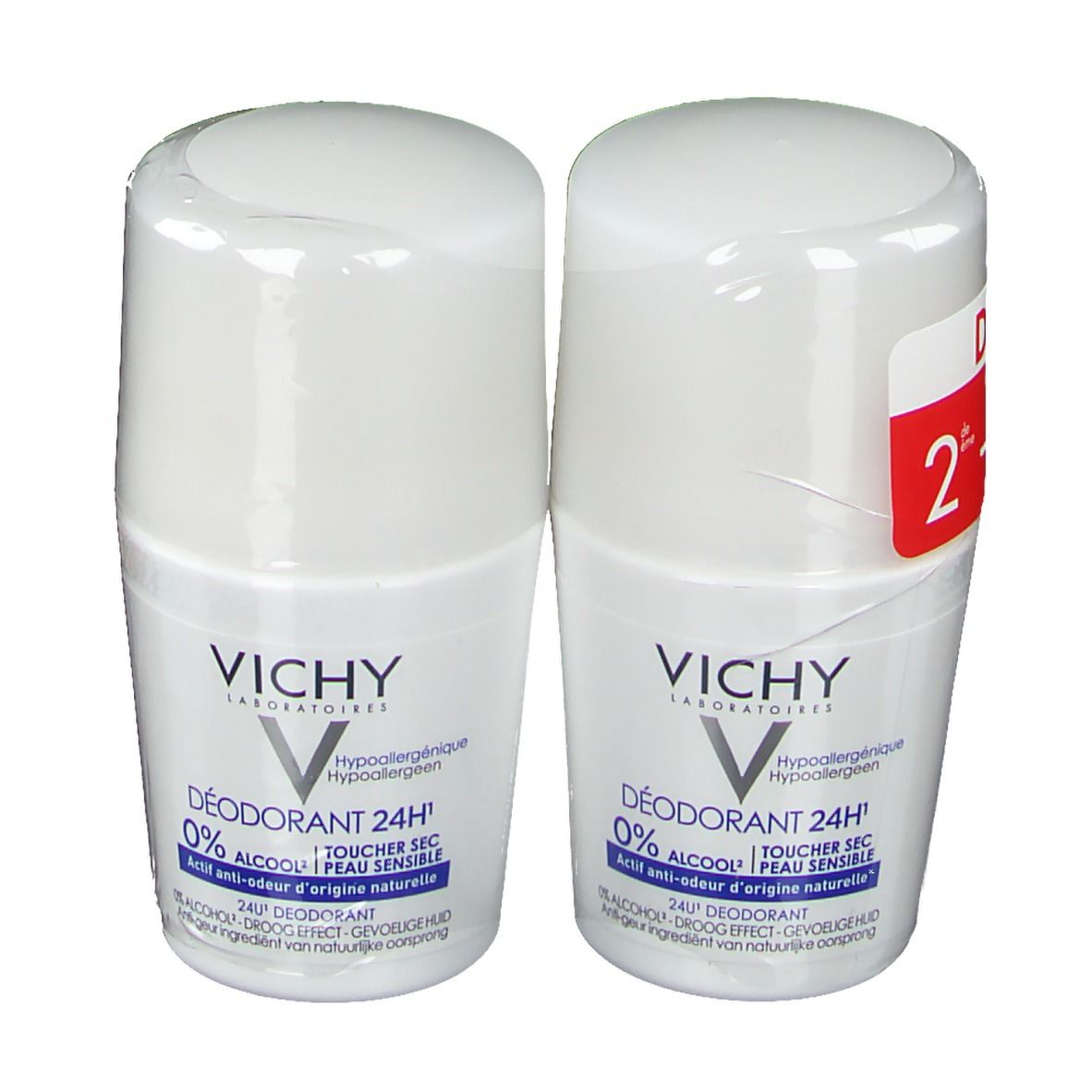 Deux déodorants roll-on blancs. Marque VICHY. Inscription: 24H, 0% alcool, peau sensible. Emballage plastique transparent.