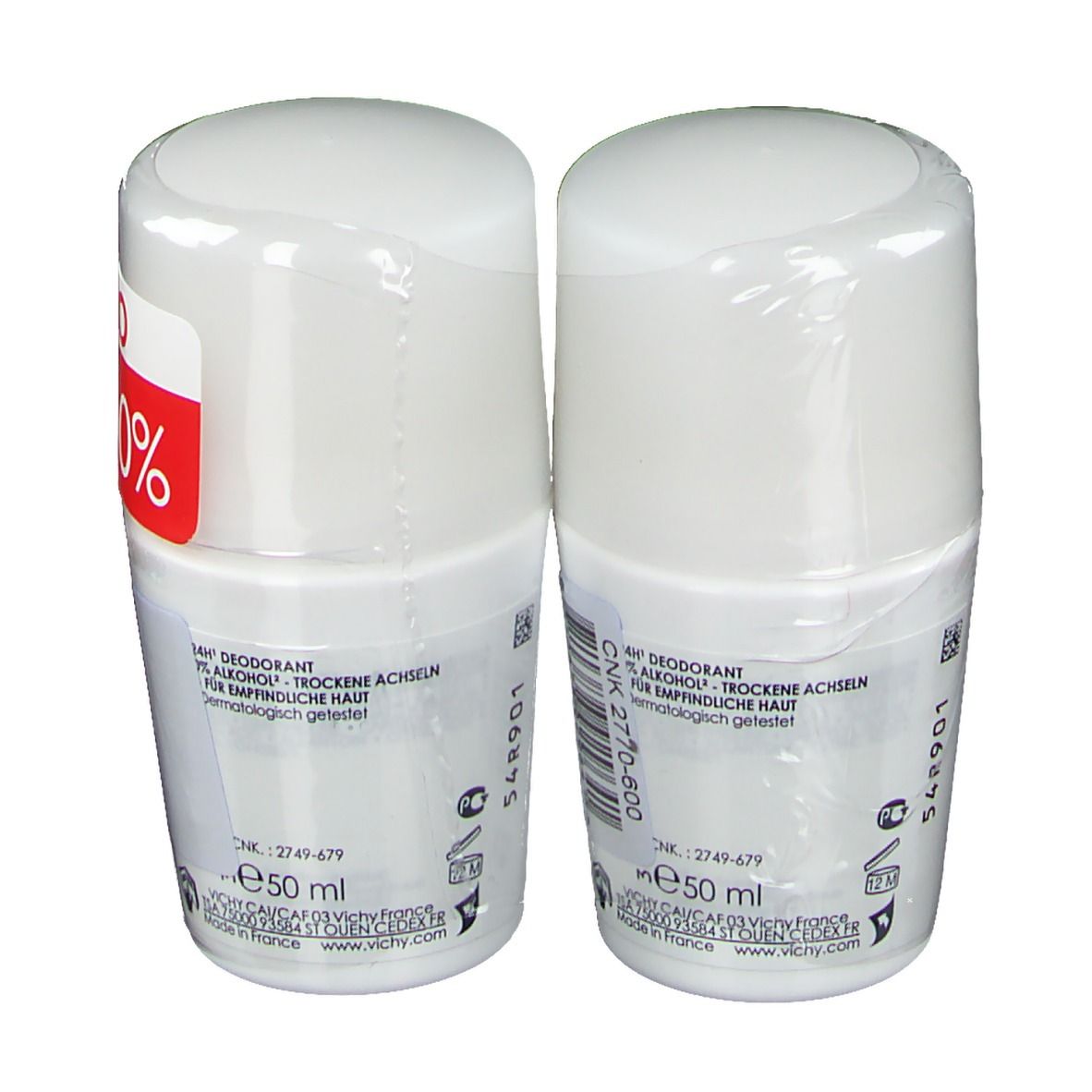 Twee witte roll-ons verpakt. Merk VICHY. Opschrift: 0% alcohol, 24H. Formaat: 50 ml. Voor de gevoelige huid.