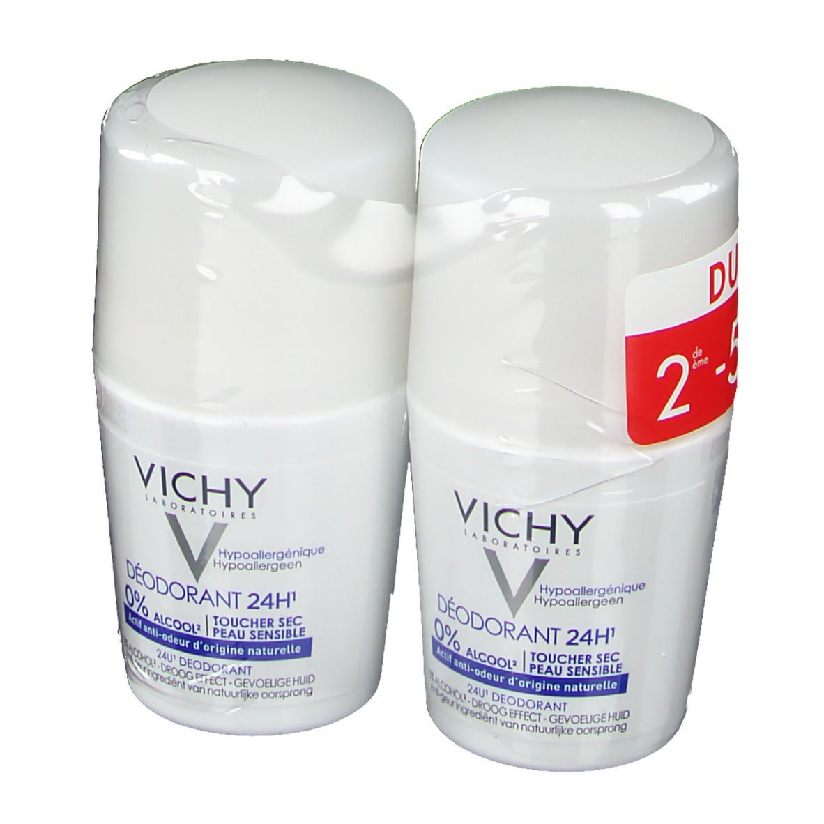 Twee witte roll-ons verpakt. Merk VICHY. Opschrift: 0% alcohol, 24H. Duo-pack met rode sticker.
