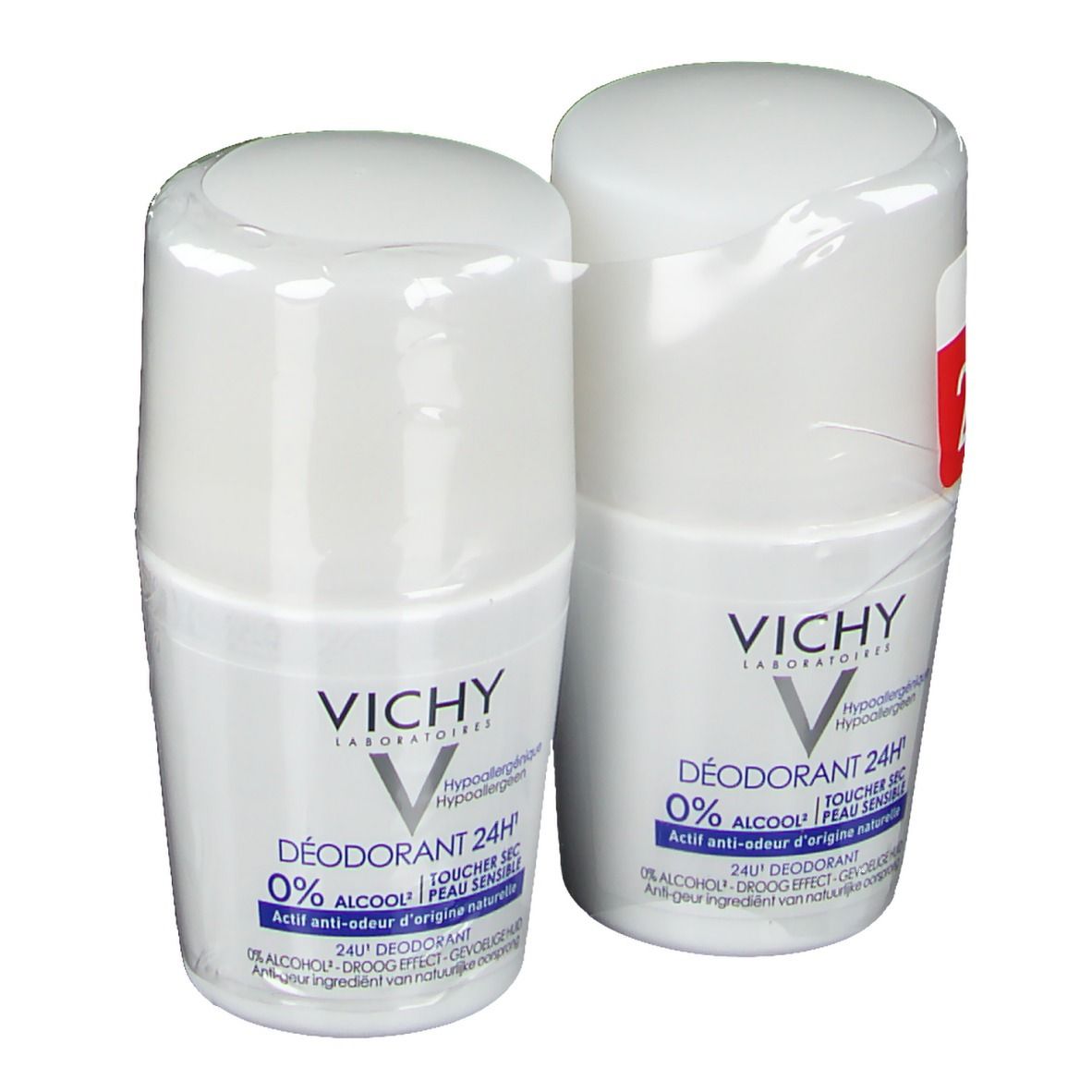 Twee witte roll-ons verpakt. Merk VICHY. Opschrift: 0% alcohol, 24H. Voor de gevoelige huid.