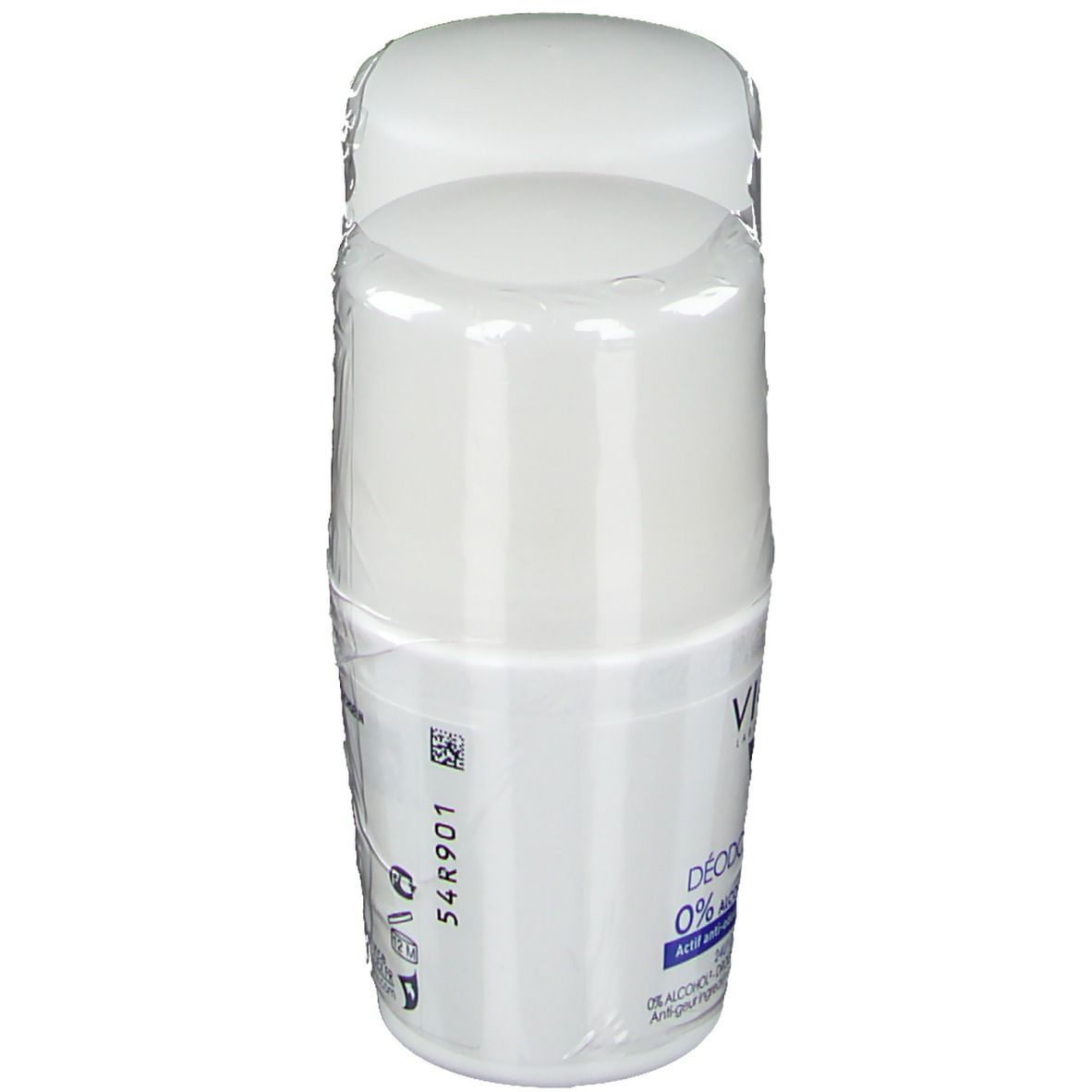 Twee witte roll-ons verpakt. Merk VICHY. Opschrift: 0% alcohol, 24H. Achterkant met productinformatie.