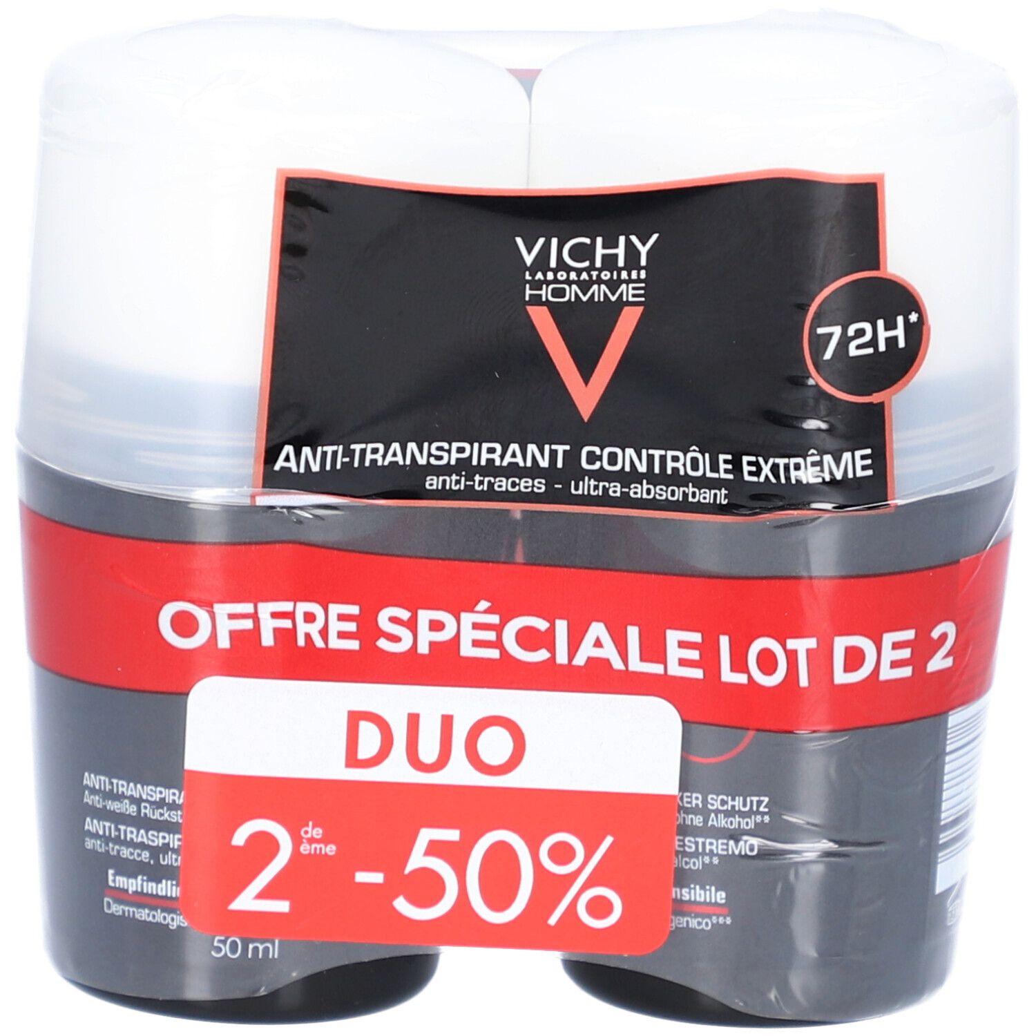 Lot de deux déodorants roll-on. Emballage noir et blanc. Texte: Duo, 2ème produit à -50%. Logo Vichy Homme.