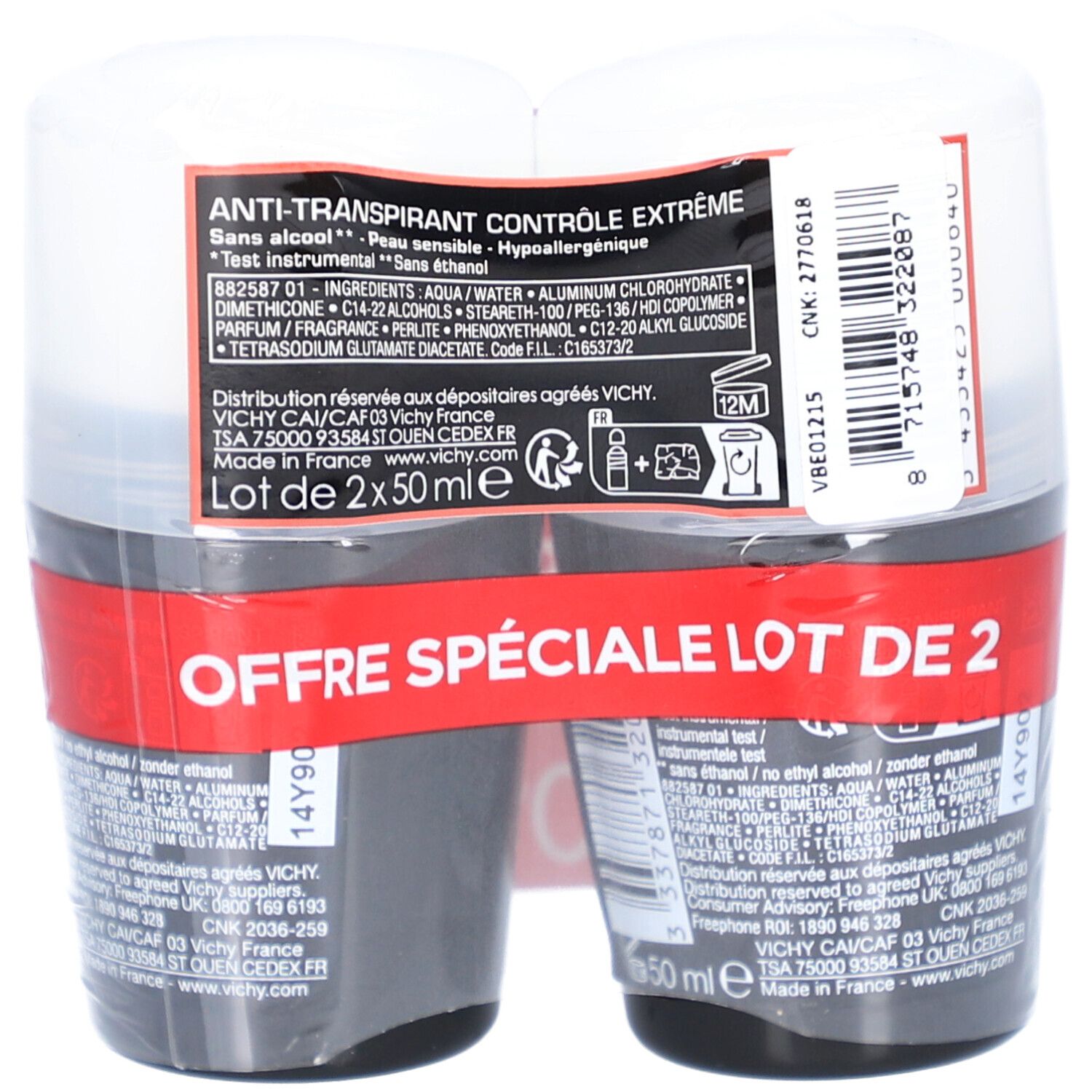 Lot de deux déodorants roll-on. Dos de l'emballage. Texte: Anti-transpirant, ingrédients, 2x50ml. Logo Vichy. Informations.