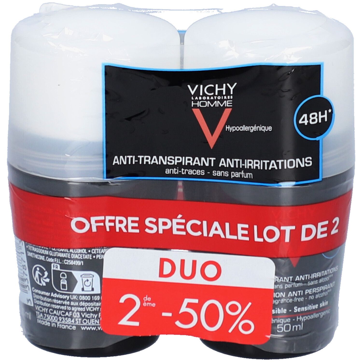 Verpakking met twee roll-on deo's. Zwarte containers, witte deksels. Vichy Homme logo en productinformatie.