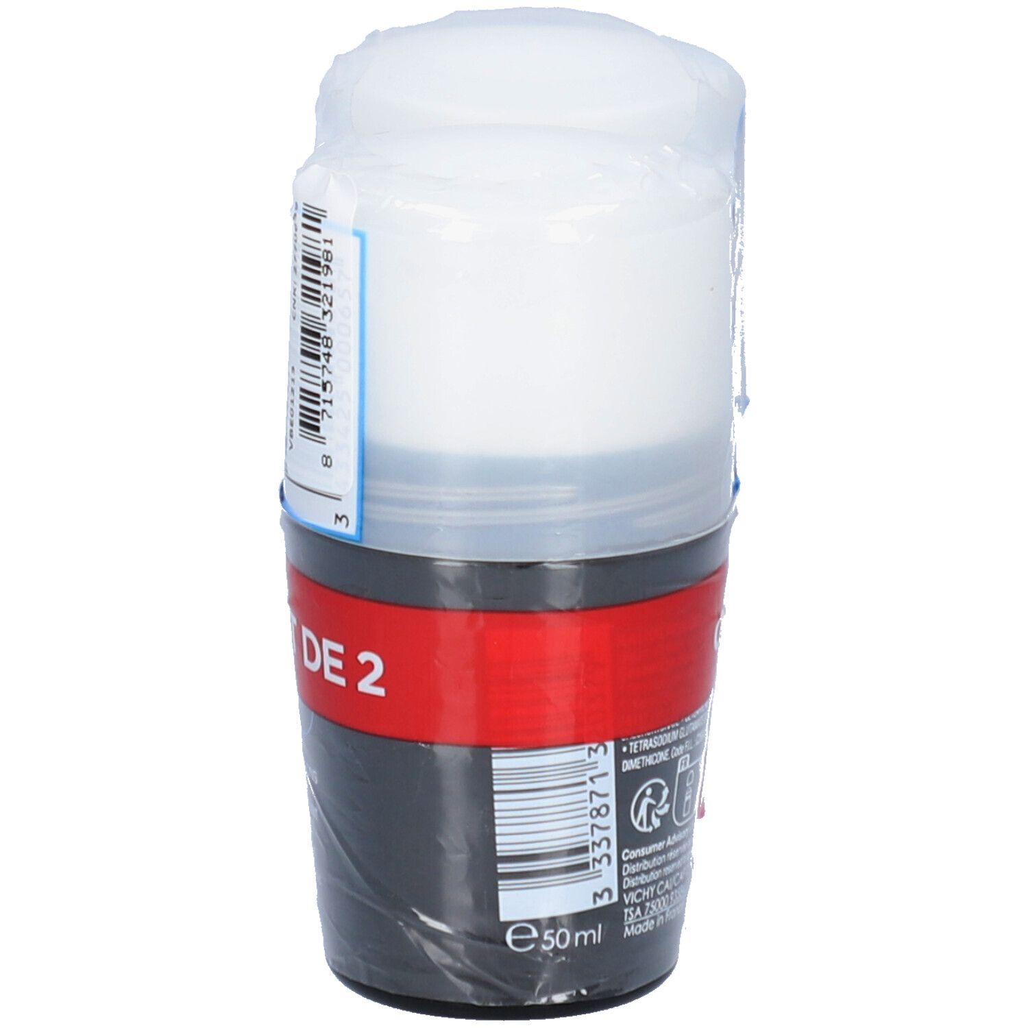 Enkele roll-on deo verpakt in folie. Zwarte container, witte deksel. Productinformatie.