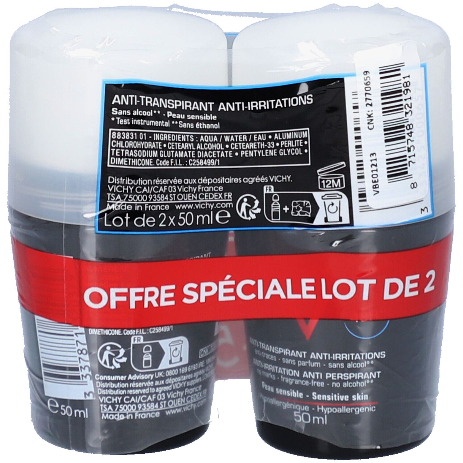 Verpakking met twee roll-on deo's in folie. Zwarte containers, witte deksels. Productinformatie.