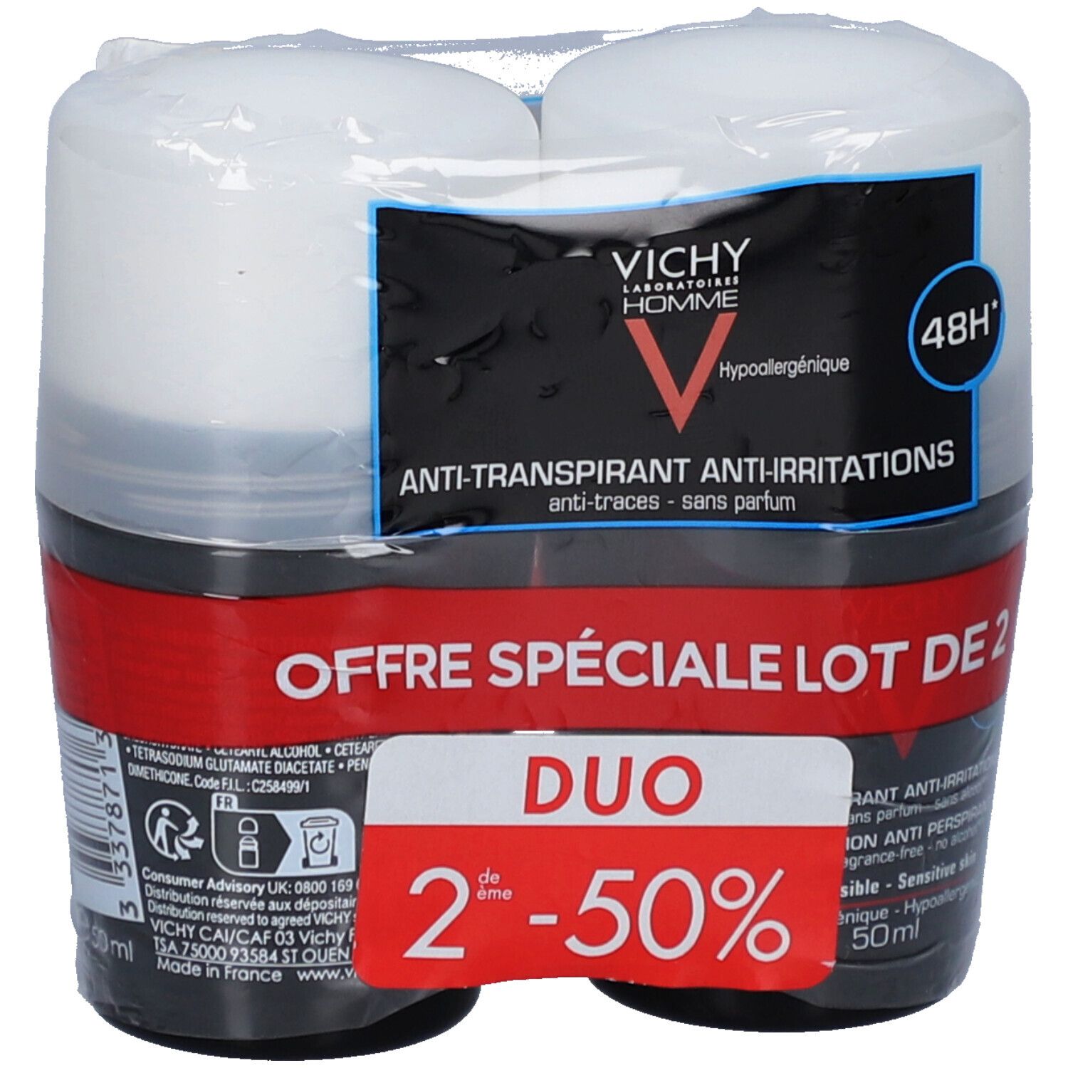 Verpakking met twee roll-on deo's in folie. Zwarte containers, witte deksels. Vichy Homme logo.