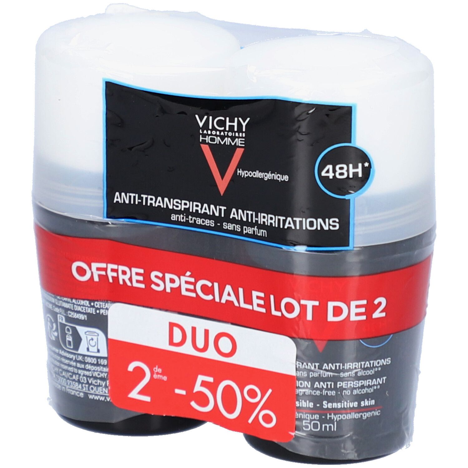 Verpakking met twee roll-on deo's in folie. Zwarte containers, witte deksels. Vichy Homme logo.