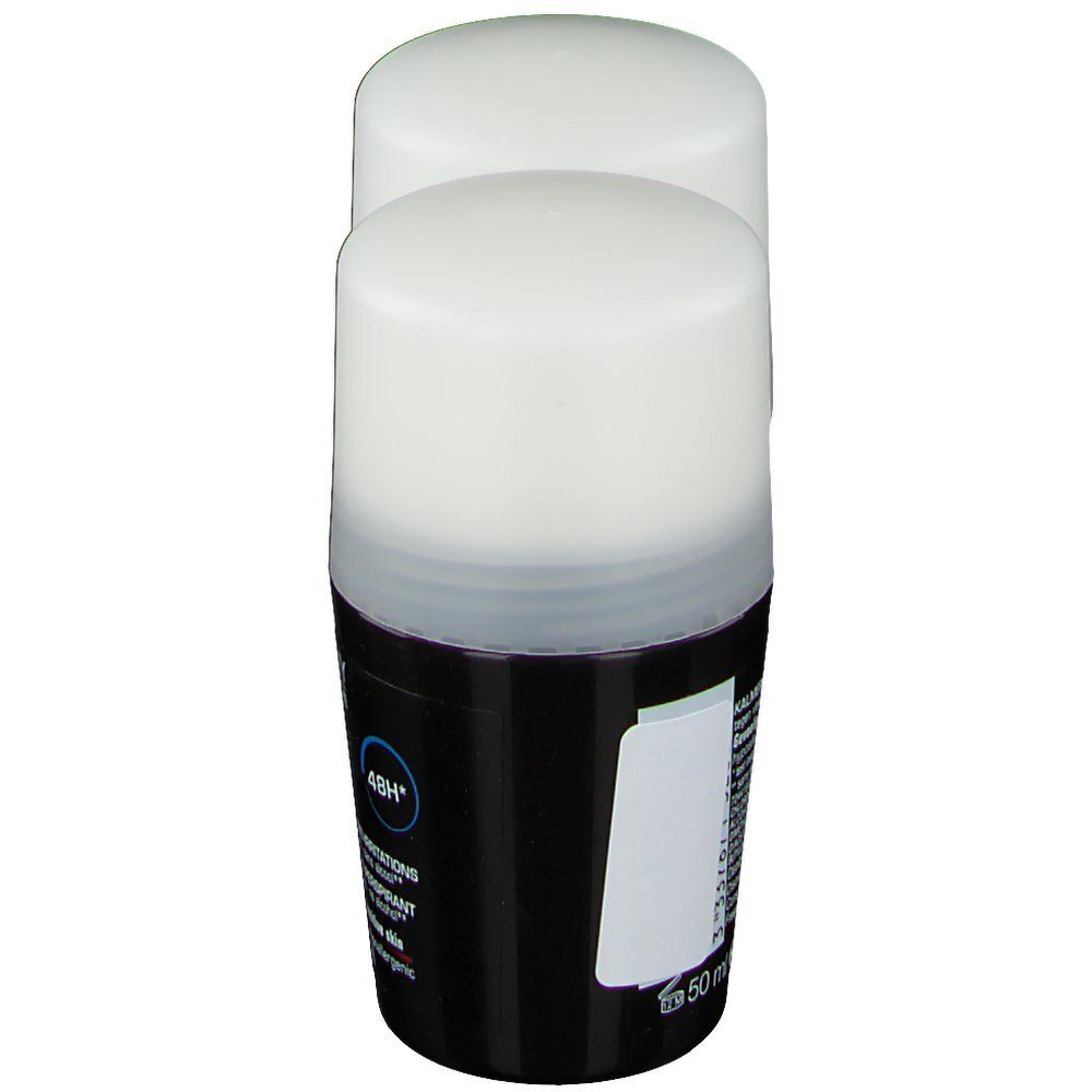 Roll-on deo, zwarte container, witte deksel. Vichy Homme logo en productinformatie. Achterkant met tekst.