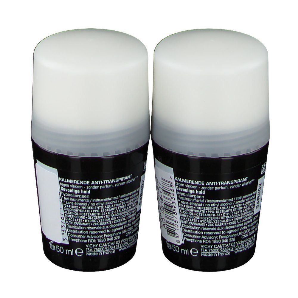Twee roll-on deo's, zwarte containers, witte deksels. Achterkant met tekst en productinformatie.