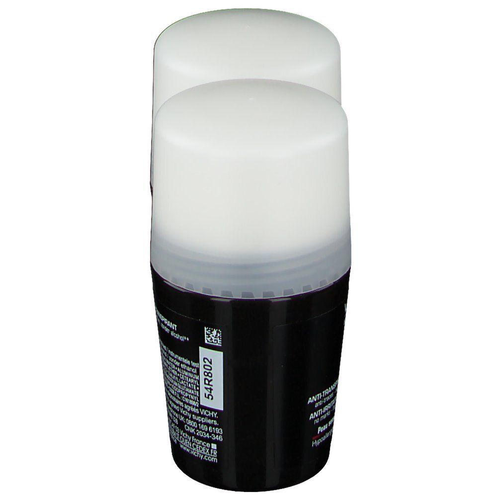Roll-on deo, zwarte container, witte deksel. Achterkant met tekst en productinformatie.