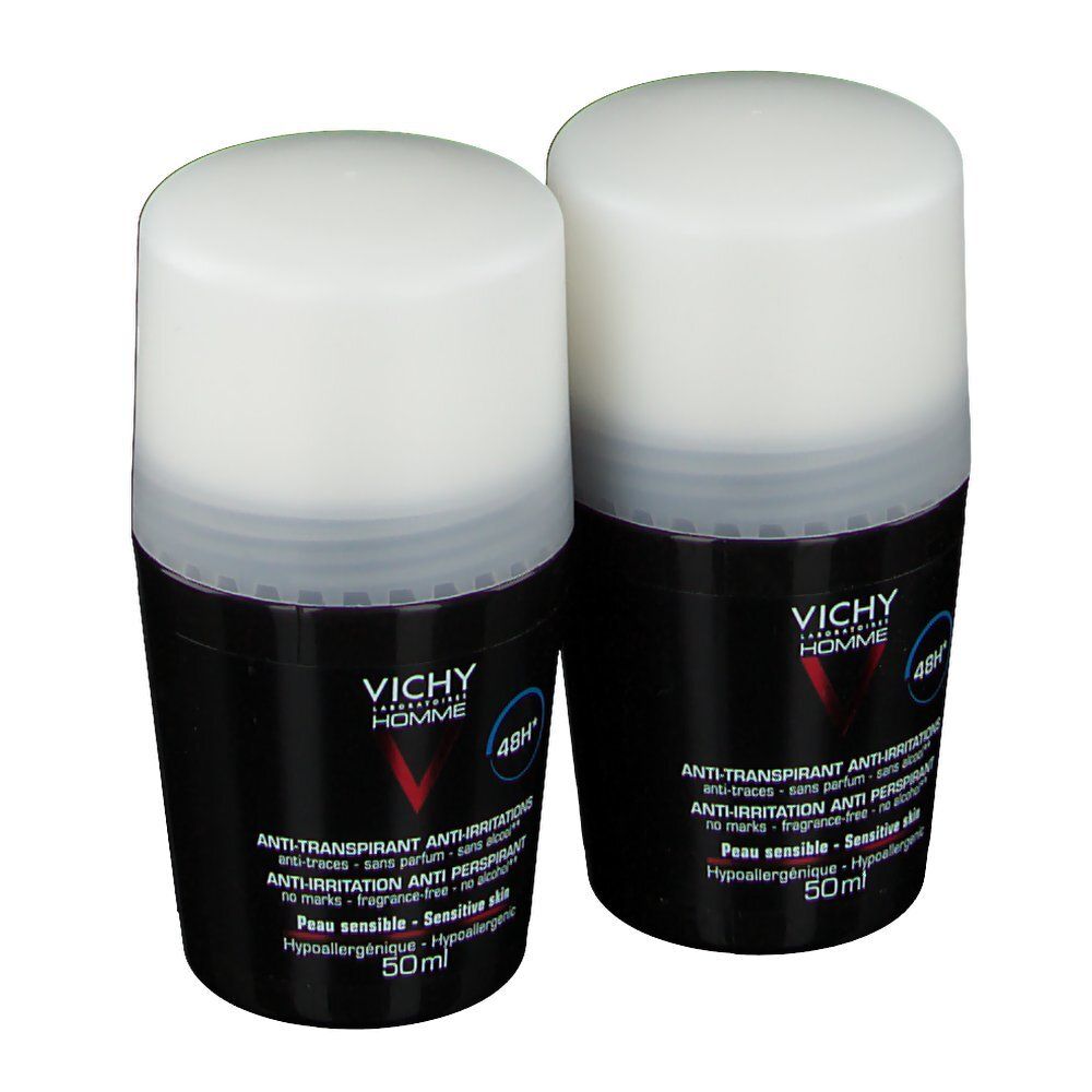 Twee roll-on deodorants. Zwarte containers met witte deksels. Vichy Homme logo en productinformatie.