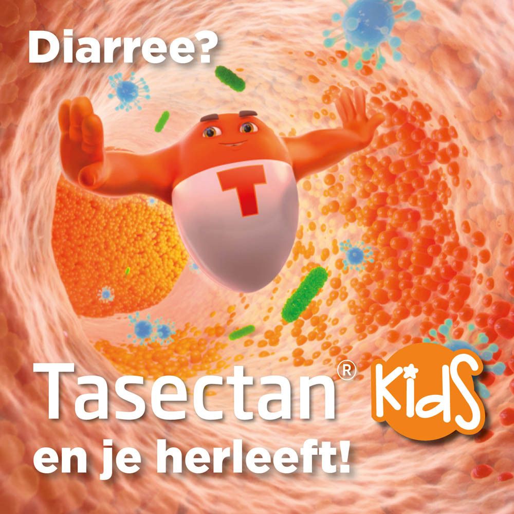 Doos Tasectan Kids. Tekst: Controle en vermindering van de symptomen van diarree. 20 zakjes. 0-14 jaar.