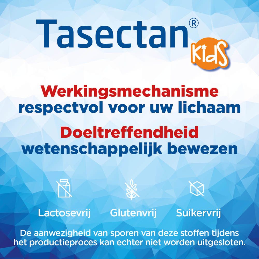 Doos Tasectan Kids. Tekst: Controle en vermindering van de symptomen van diarree. 20 zakjes. 0-14 jaar.
