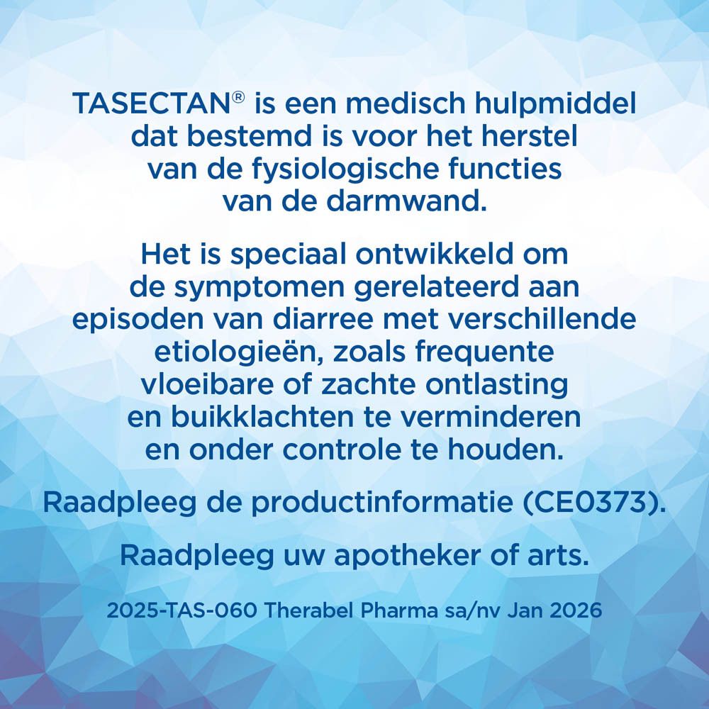 Doos Tasectan Kids. Tekst: Controle en vermindering van de symptomen van diarree. 20 zakjes. 0-14 jaar.