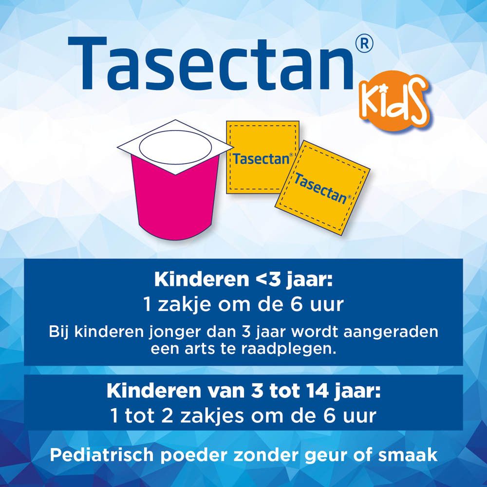 Doos Tasectan Kids. Tekst: Controle en vermindering van de symptomen van diarree. 20 zakjes. 0-14 jaar.