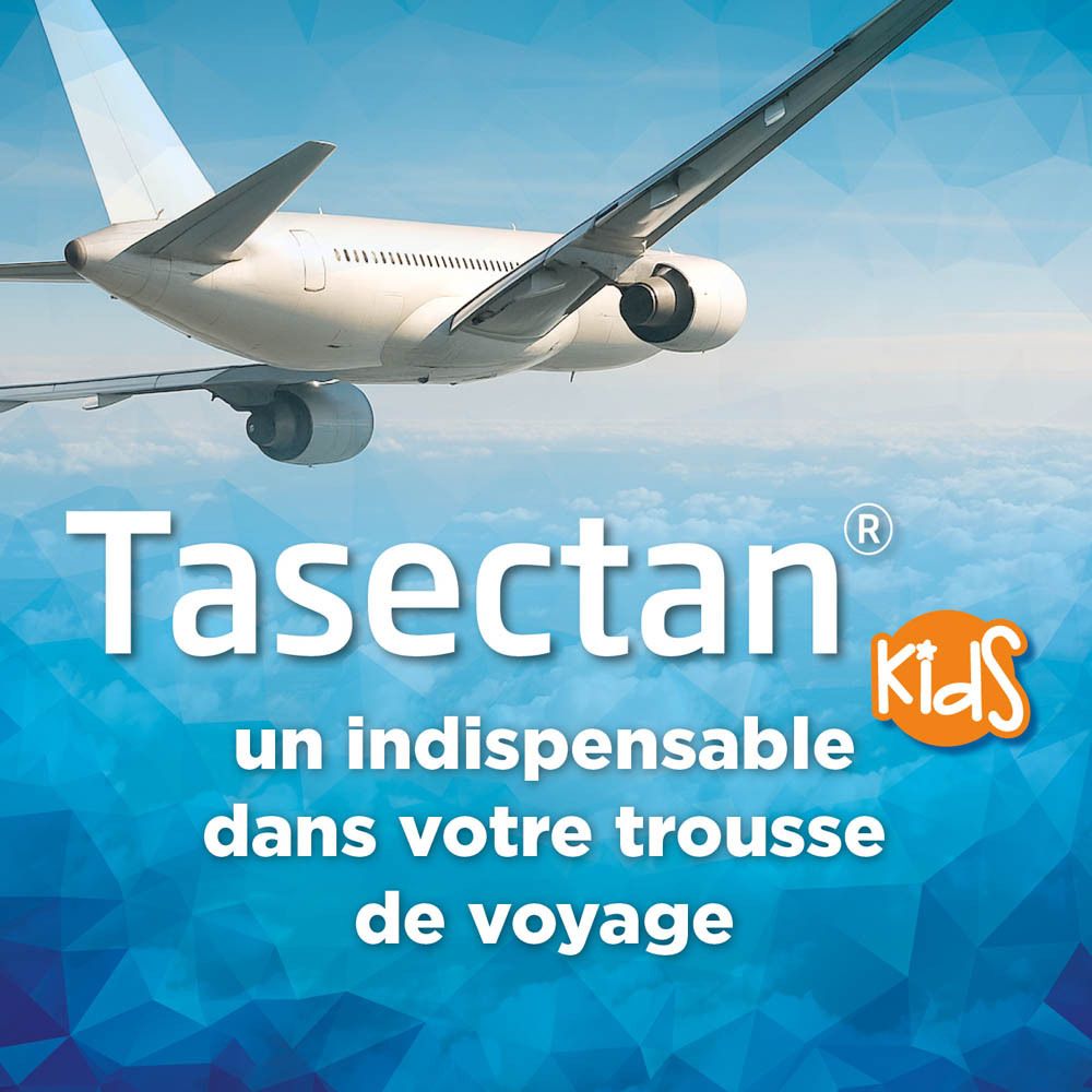 Boîte de Tasectan Kids. Texte : Contrôle et réduction des symptômes de la diarrhée. 20 sachets. 0-14 ans.