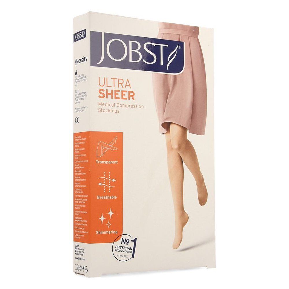 Verpakking JOBST Ultrasheer kniekousen. Been met kous. Tekst: Medical Compression Stockings, transparant, ademend.