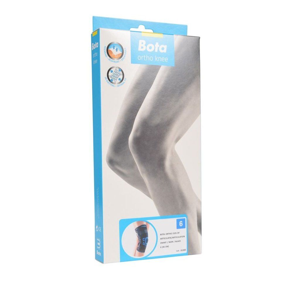 Boîte Bota Ortho genouillère. Taille 6. Noir. Illustration de jambes. Accents bleus et blancs. Marque visible.