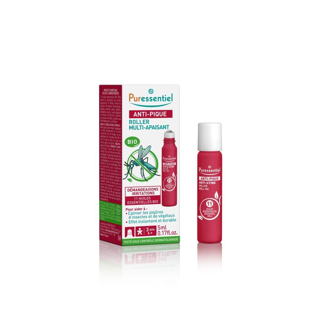 Puressentiel Anti-Pique Roller aux 11 huiles essentielles, 5ml. Produit et emballage.