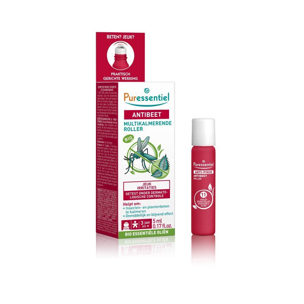 Puressentiel Anti-Pique Roller met 11 etherische oliën, 5ml. Product en verpakking.