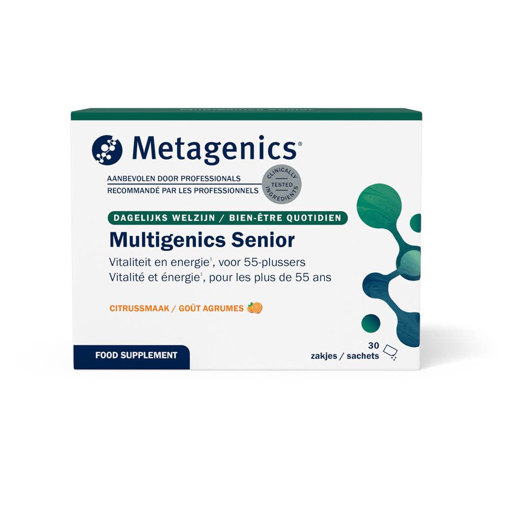 Multigenics Senior verpakking. Multivitaminen en mineralen voor senioren. 30 zakjes. Metagenics logo.