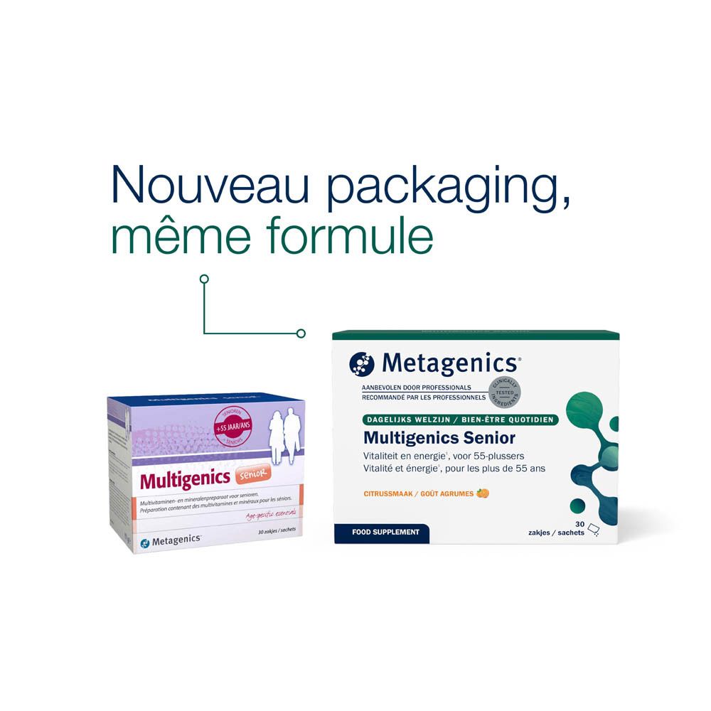 Boîte Multigenics Senior. Contient multivitamines et minéraux pour seniors. 30 sachets. Logo Metagenics.