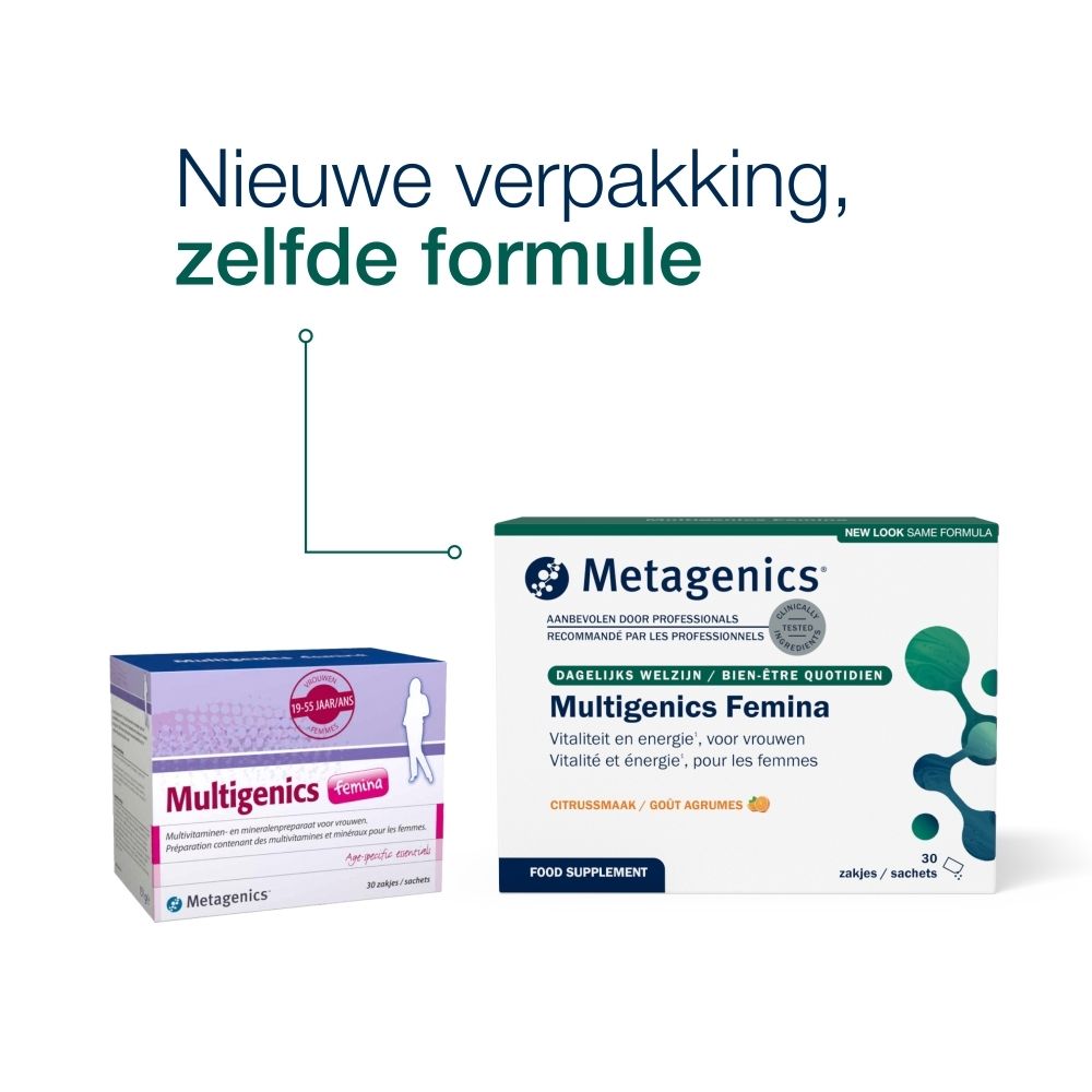 Verpakking van Multigenics Femina. Multivitaminen en mineralen voor vrouwen. 30 zakjes.