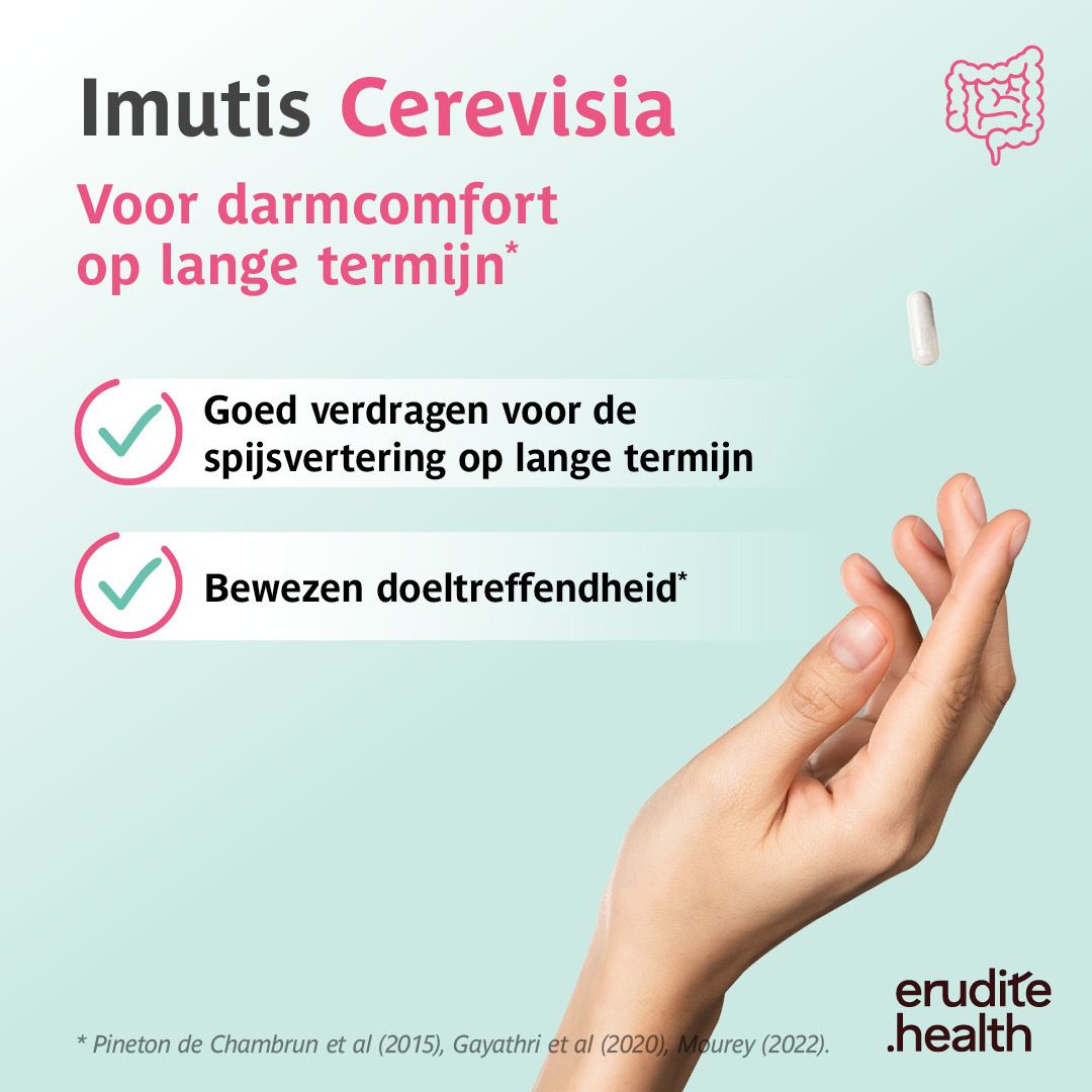 Imutis Cerevisia verpakking met 30 capsules voor de darmfunctie.