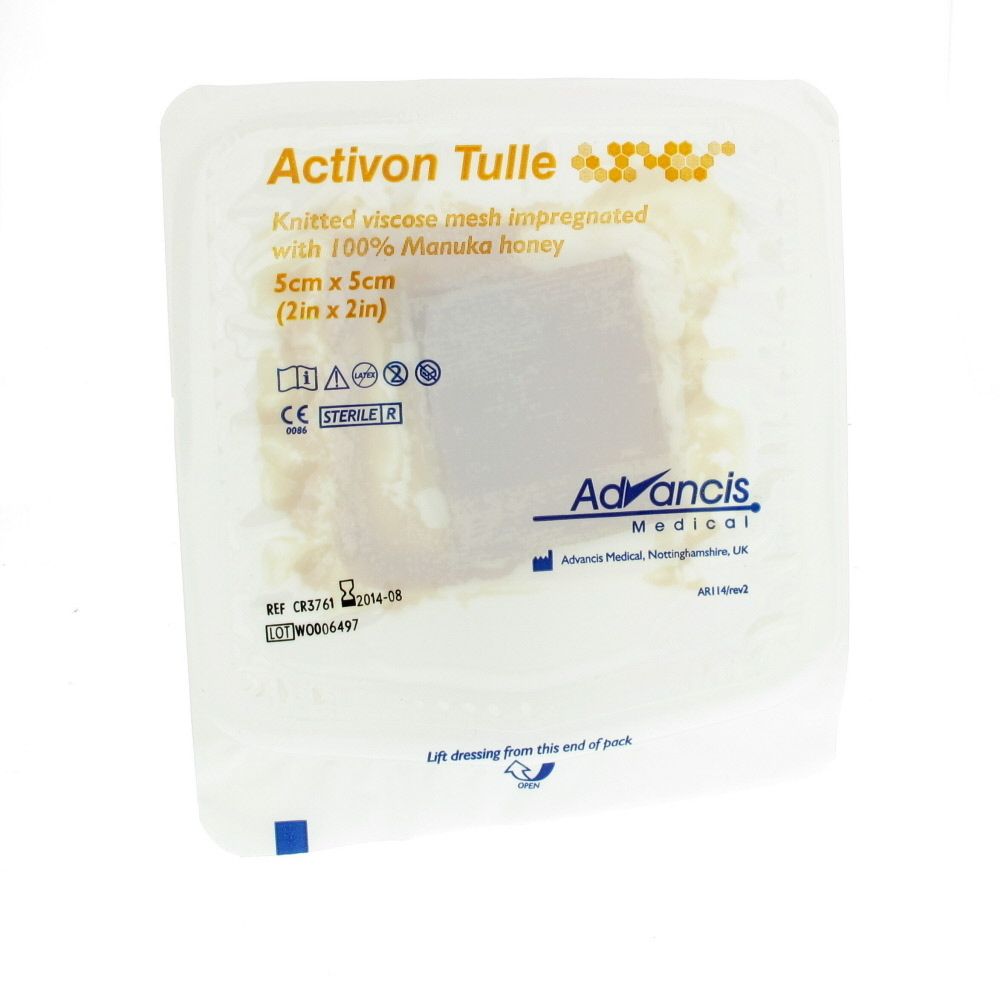 Emballage Activon Tulle 5cm x 5cm. Visible : nom du produit, taille, ingrédients, marquage CE, indication stérile.