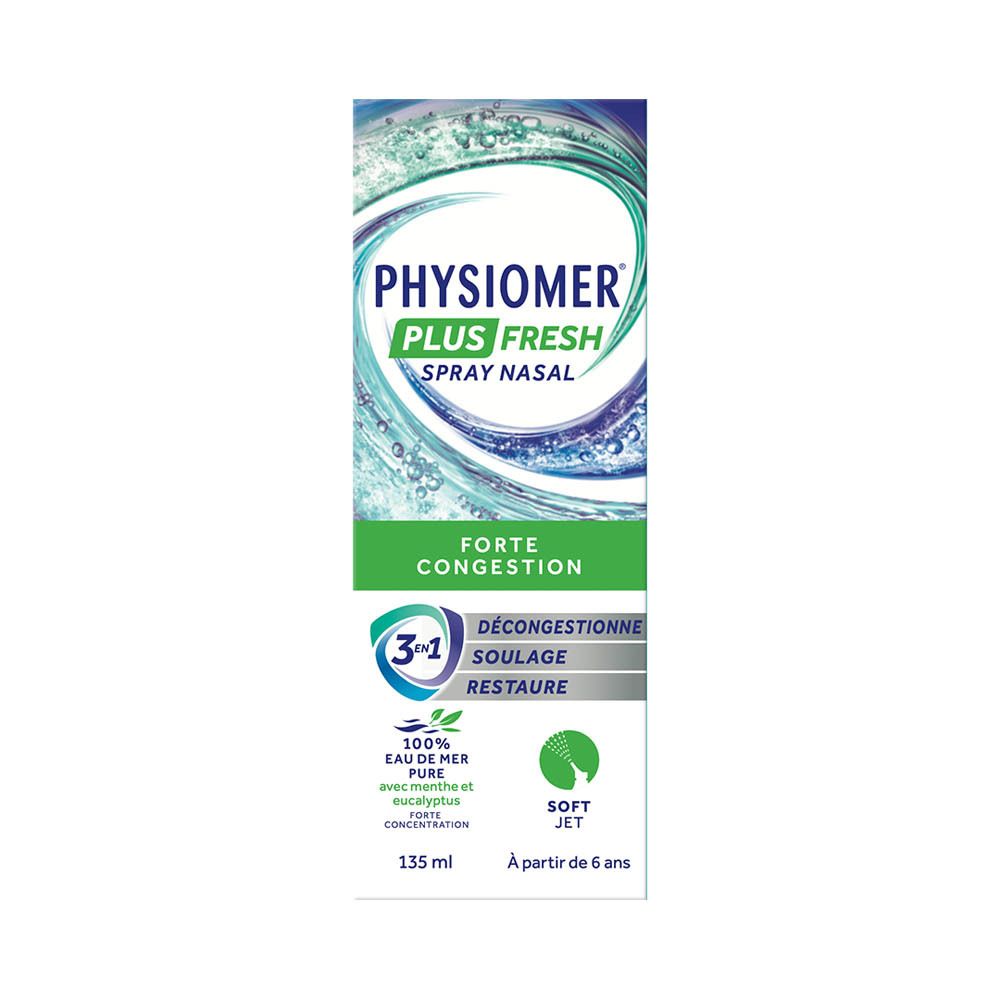 Emballage du produit. Inscription PHYSIOMER PLUS FRESH, spray nasal. Forte congestion. 135 ml.