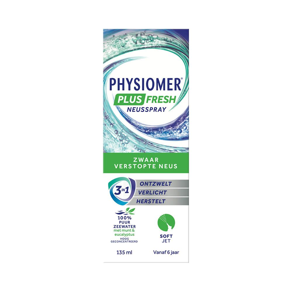 Productverpakking. Opschrift PHYSIOMER PLUS FRESH, neusspray. Zwaar verstopte neus. 135 ml.