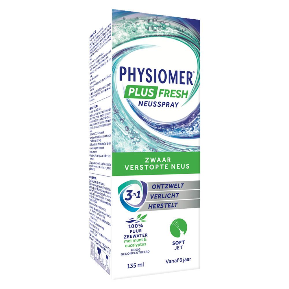 Productverpakking. Opschrift PHYSIOMER PLUS FRESH, neusspray. Zwaar verstopte neus. Tekst op achterkant.